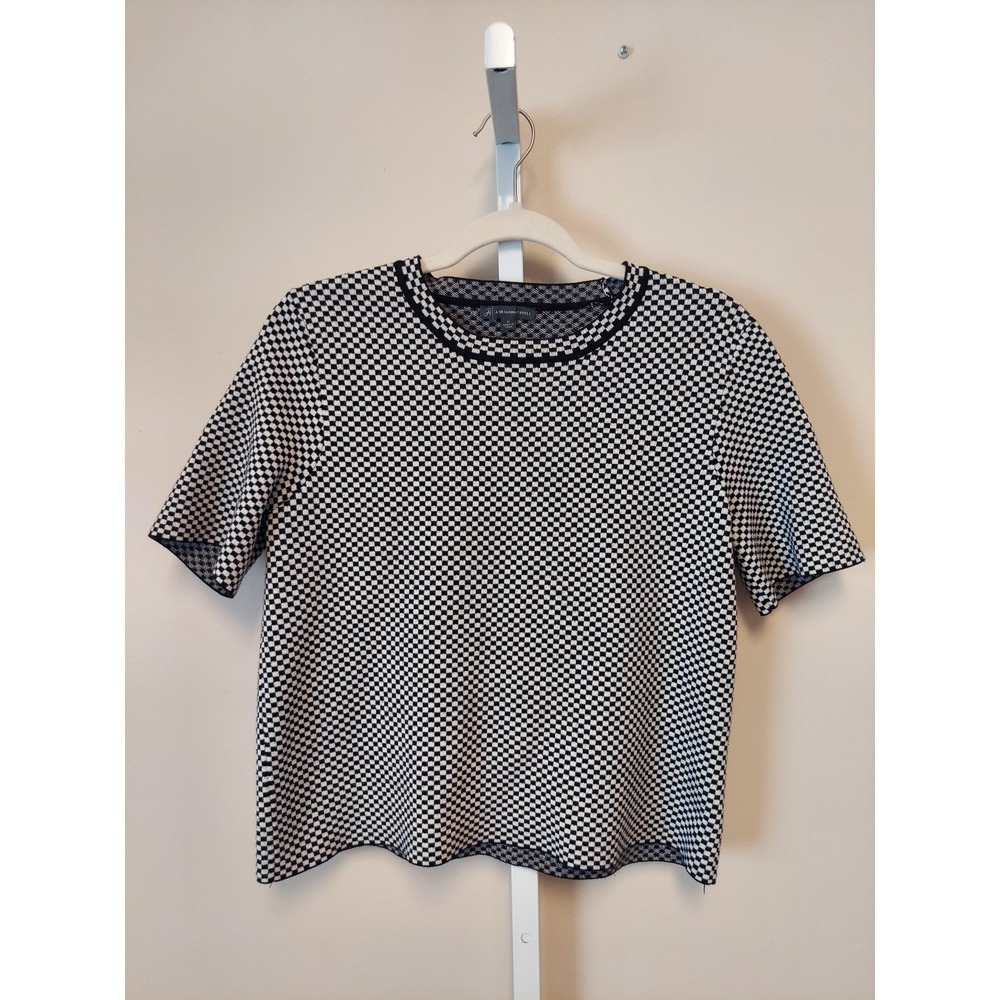 Adrianna Papell‎ Black White Checkered Short Sleeve Knit Top Crew Neck M Office